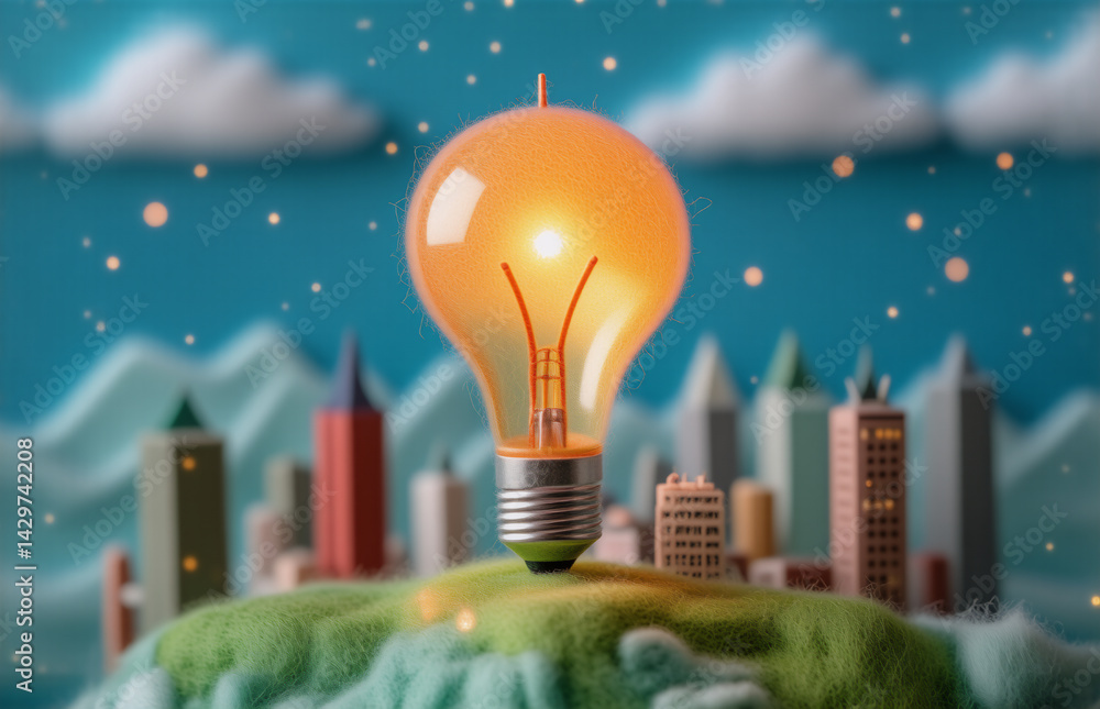 Poster here's a description and keyword list, based on the image, reflecting a bright idea with a city in t