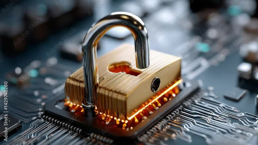 Poster secure data: a close-up shot of a golden padlock placed over a computer chip, suggesting data protec