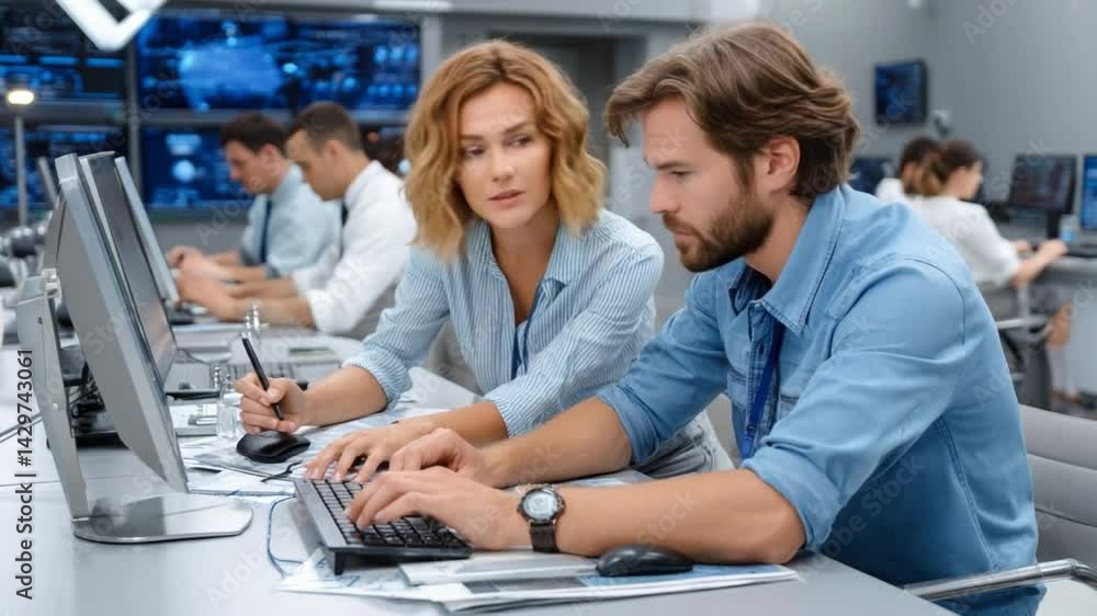 Aufkleber team collaboration in it: a collaborative team of it professionals focused on security, data analysi