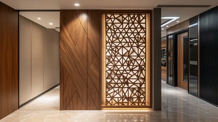 Modern home interior with decorative panel, wooden wall, and marble floor for real estate