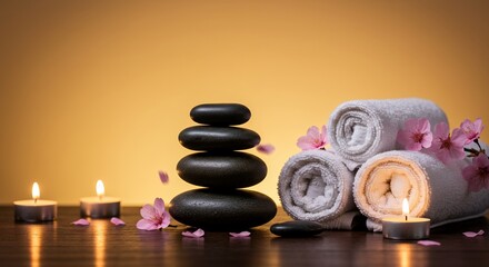 Serene Spa Arrangement with Stacked Dark Stones Soft Towels and Delicate Cherry Blossoms Illuminated by Candlelight on Dark Wood