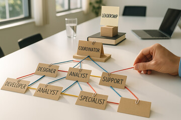 Hand arranging job titles in a string-connected hierarchy with a leadership sign on top, representing organizational structure and teamwork..