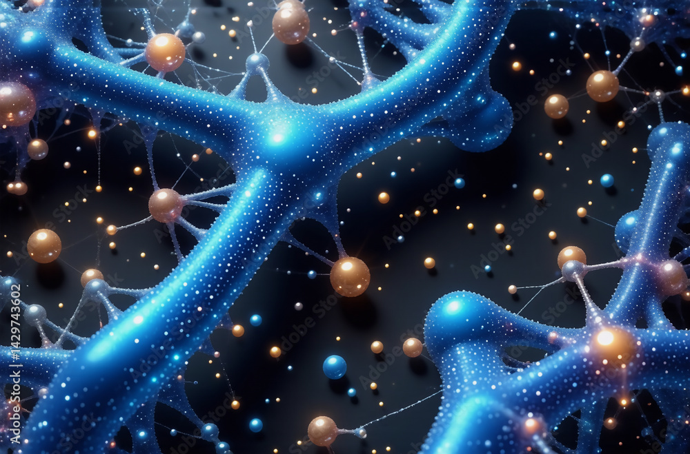 Poster abstract blue network with golden spheres connecting on a dark backdrop. interconnected nodes create