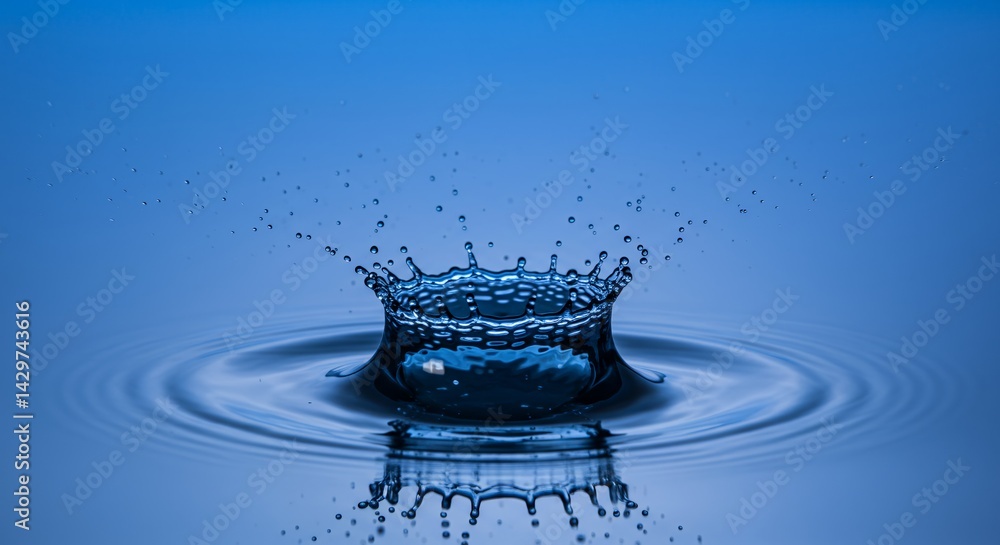 Poster sapphire droplet creates a mirrored lake surface with a crystalline crown splash in blue tones refle