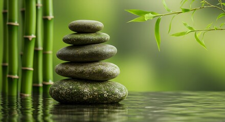 Balanced Lichen Covered Stones Reflecting in Shallow Pond Among Vibrant Green Bamboo Stalks Under Soft Lighting Creating a Meditative Ambiance