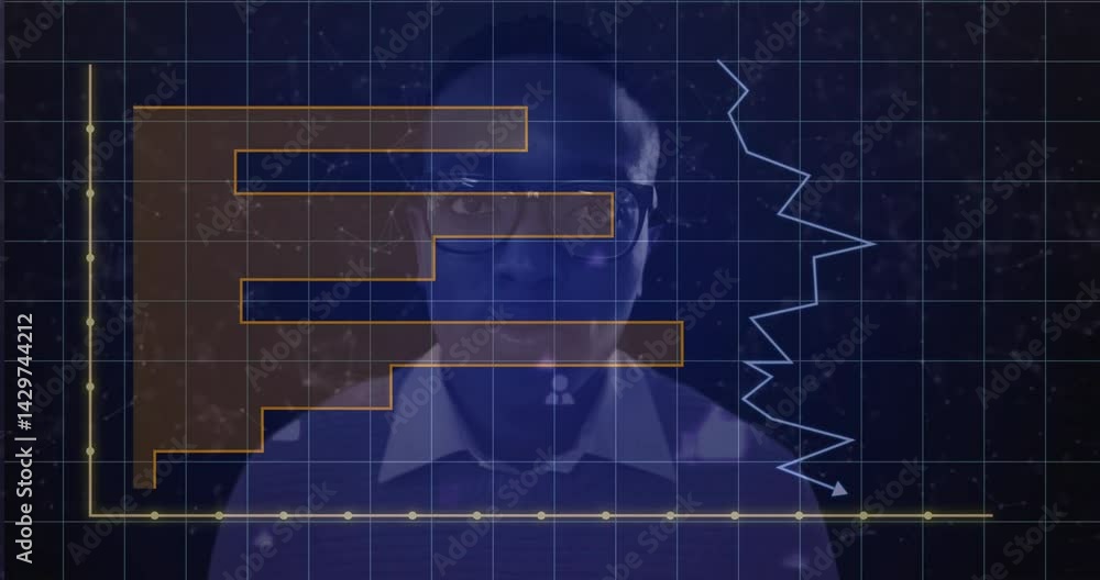 Poster man wearing eyeglasses interacting with finance interface, displaying bar chart and line graph