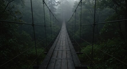 Rustic suspension bridge extending into a dense, foggy forest