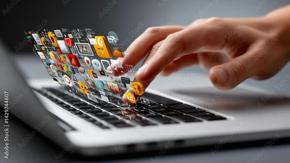 Poster digital connectivity: a close-up view of a hand interacting with a laptop, launching vibrant digital
