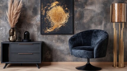 Darkly elegant living room interior design.