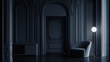 Dark, opulent interior design, featuring a plush armchair.