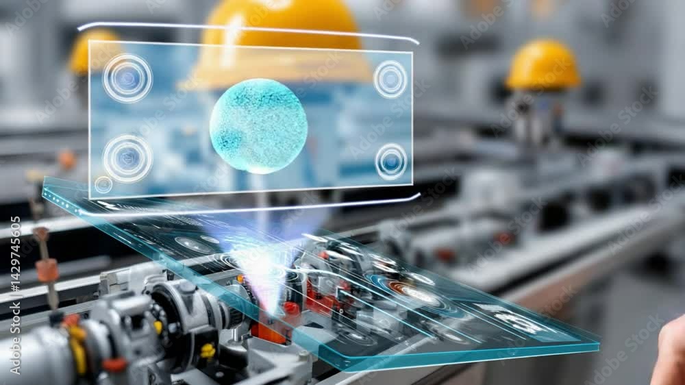 Poster tech-enhanced industry: a modern factory scene showcases augmented reality technology overlaying a c