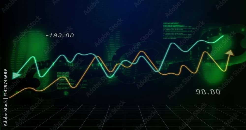 Poster neon trend lines crossing glowing grid, floating chain link graphic, displaying numeric data