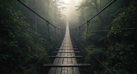 Wooden suspension bridge in a misty forest with light filtering through the canopy