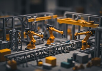 Miniature Factory Floor with Three Yellow Robot Arms