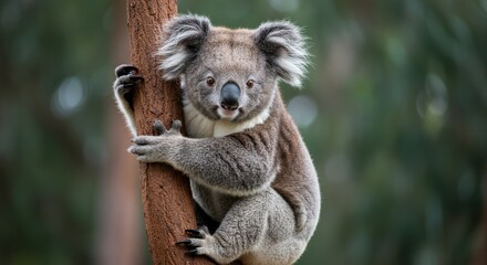 Koala clinging to a tree trunk in a lush forest setting