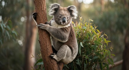 Koala perched on tree trunk in dense forest with sunlight filtering through the canopy