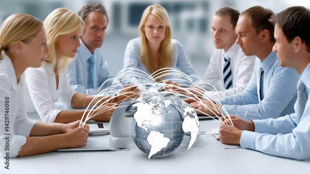 Poster global network convergence: a modern depiction of a diverse group of business professionals collabor
