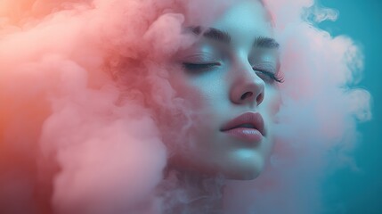 Against a vibrant teal background, a pink cloud obscuring a young woman's face symbolizes information overload, stress, and mental health challenges in modern life.