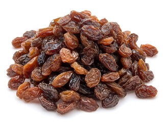 Obraz premium Pile of dried brown raisins, a healthy snack isolated on white background