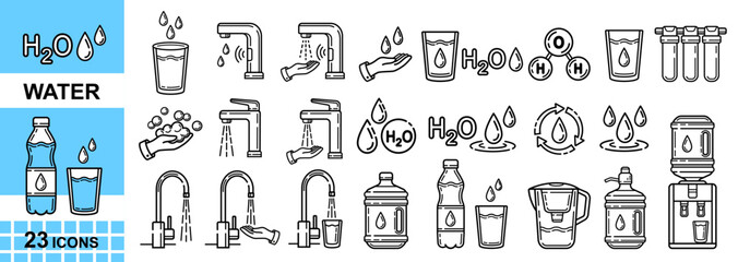 Water H2O drink, aqua drinking filter, faucet plumbing, cooler dispenser, beverage bottle and glass line icon. Liquid clean filtration, heating and cooling. Wash hand skin. Rain drop, humidity. Vector