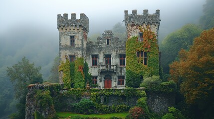 An old castle ruin covered in ivy, a romantic and historic sight