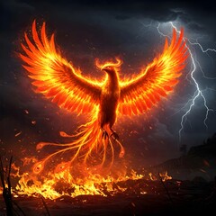 Phoenix Rising from the Flames with Lightning Strike