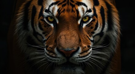 Close-up of a tiger's face with intense yellow eyes and dramatic lighting