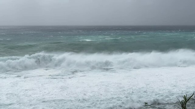 Large Waves Crash Ashore On Rugged Tropical Island Stormy Seas - Khanun