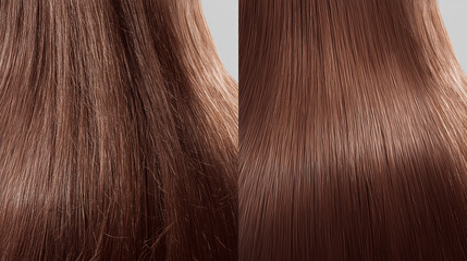 Comparing Dry and Hydrated Medium Brown Hair in a Neutral Studio, Illustrating Hair Conditioning and Health