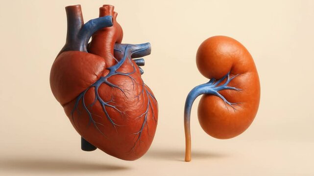 heart kidney axis, a realistic 3D rendering of a human heart and a kidney side by side on a neutral background
