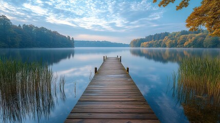 Naklejka premium An old wooden pier extending out into a calm and peaceful lake