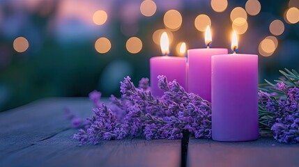 Four purple candles surrounded by lavender sprigs on a rustic wooden table at dusk.