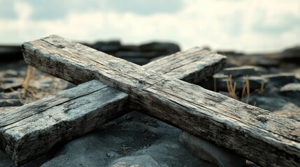 Weathered Wooden Cross Placed on Rocky Surface: A Symbol of Faith and Reflection