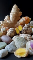 Ginger Turmeric Roots and Stones Still Life