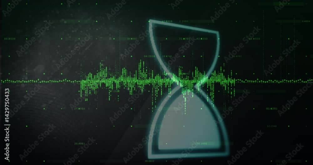 Poster hourglass outline overlapping neon-green waveform flowing across dashboard featuring numeric data