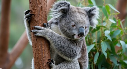 Obraz premium Close-up of a koala perched on a tree trunk with green foliage in the background