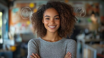 Naklejka premium Arms crossed, a young woman smiles as question marks and speech bubbles float above her, suggesting pondering or questions.