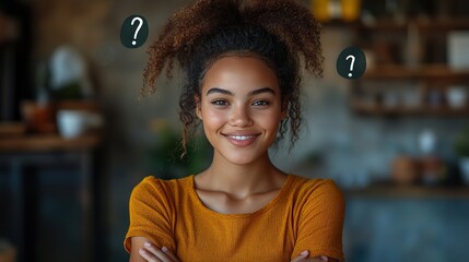 Fototapeta premium Arms crossed, a young woman smiles as question marks and speech bubbles float above her, suggesting pondering or questions.