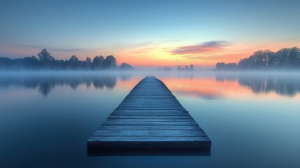 Naklejka premium At dawn, a wooden pier extends into a misty lake with soft fog, creating a serene and tranquil atmosphere for a peaceful summer getaway.