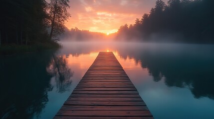 At dawn, a wooden pier extends into a misty lake with soft fog, creating a serene and tranquil atmosphere for a peaceful summer getaway.