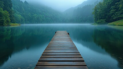 Fototapeta premium At dawn, a wooden pier stretches into a misty lake surrounded by hills, reflecting nature's serene beauty and creating a tranquil atmosphere.