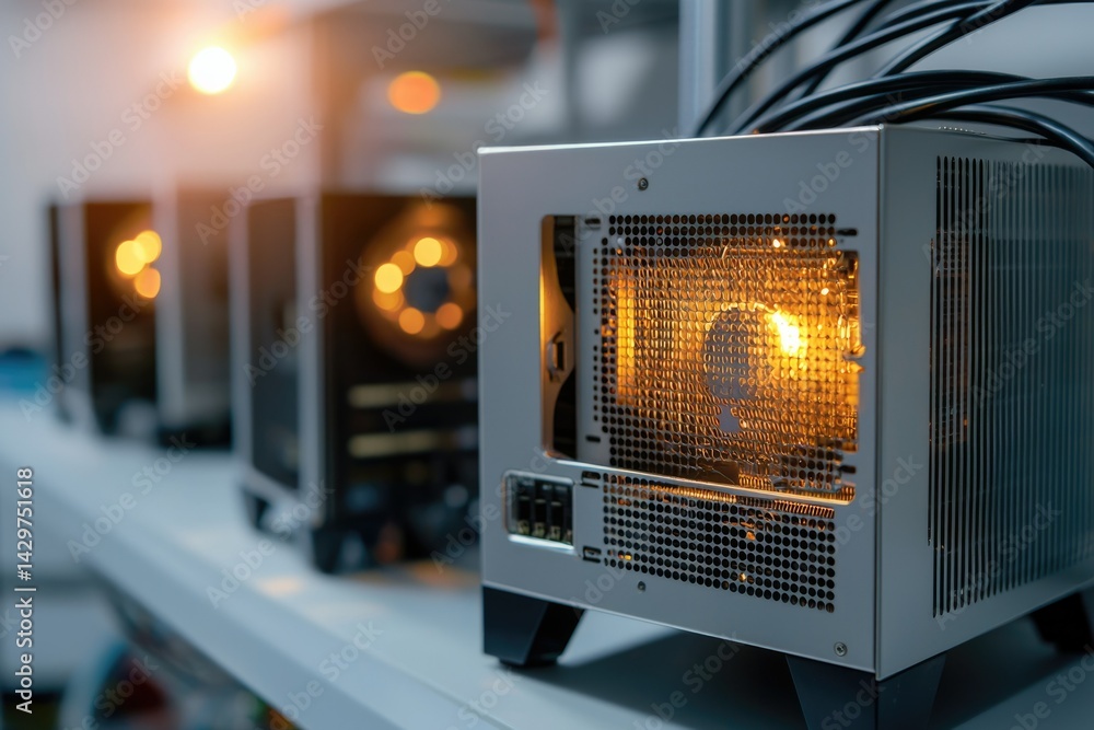 Poster illuminated server rack, showcasing network hardware and glowing components.