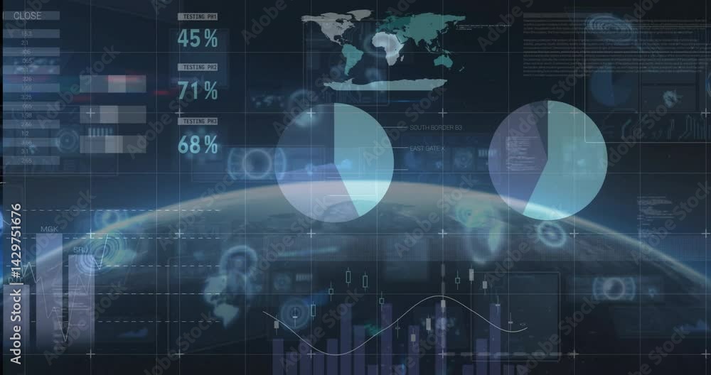 Poster Futuristic 3D data dashboard showing floating pie charts over Earth curvature with faint grid lines