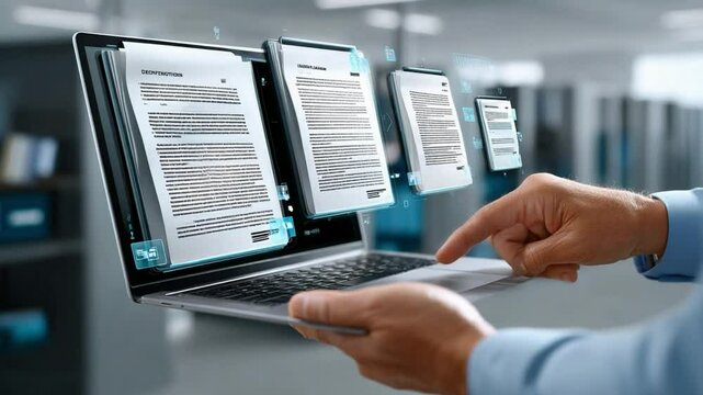 Digital Document Management: A close-up shot depicts a person's hand interacting with a holographic display of documents.