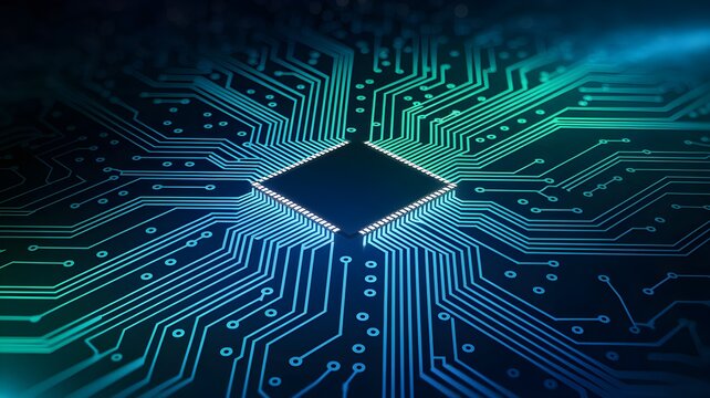 Futuristic technology concept: macro shot of a computer processor chip on a circuit board with glowing blue and green light trails symbolizing data flow - Powered by Adobe
