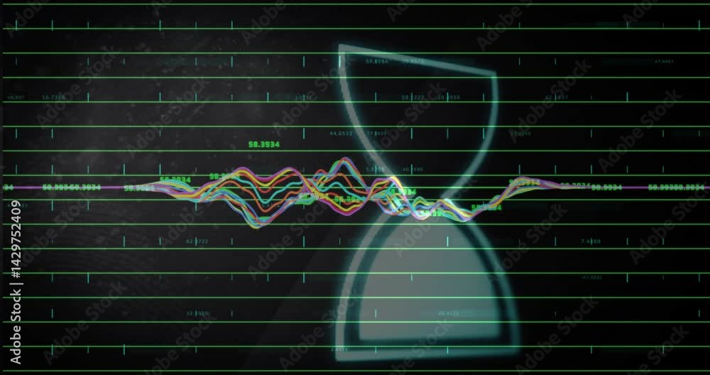 Poster multicolored waveform lines animating on dark grid interface with translucent hourglass flat design