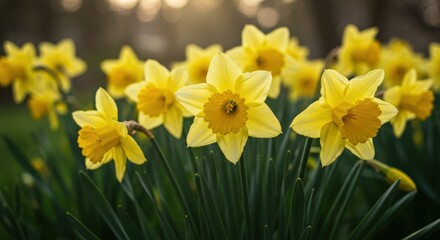 Fototapeta premium Cluster of bright yellow daffodils in full bloom with orange centers