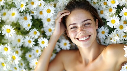 Joyful Young Woman Smiling Among Bright White Daisies