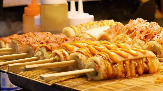 Grilled Skewers with Sauces at Night Market