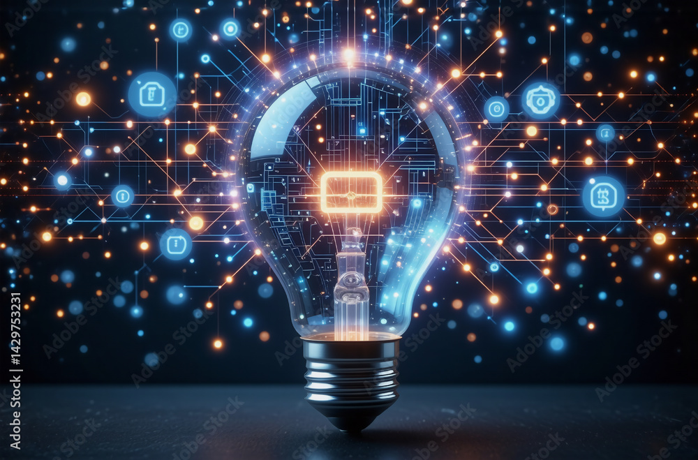 Poster a bright lightbulb illuminates with digital circuits and glowing dots, representing innovation and t